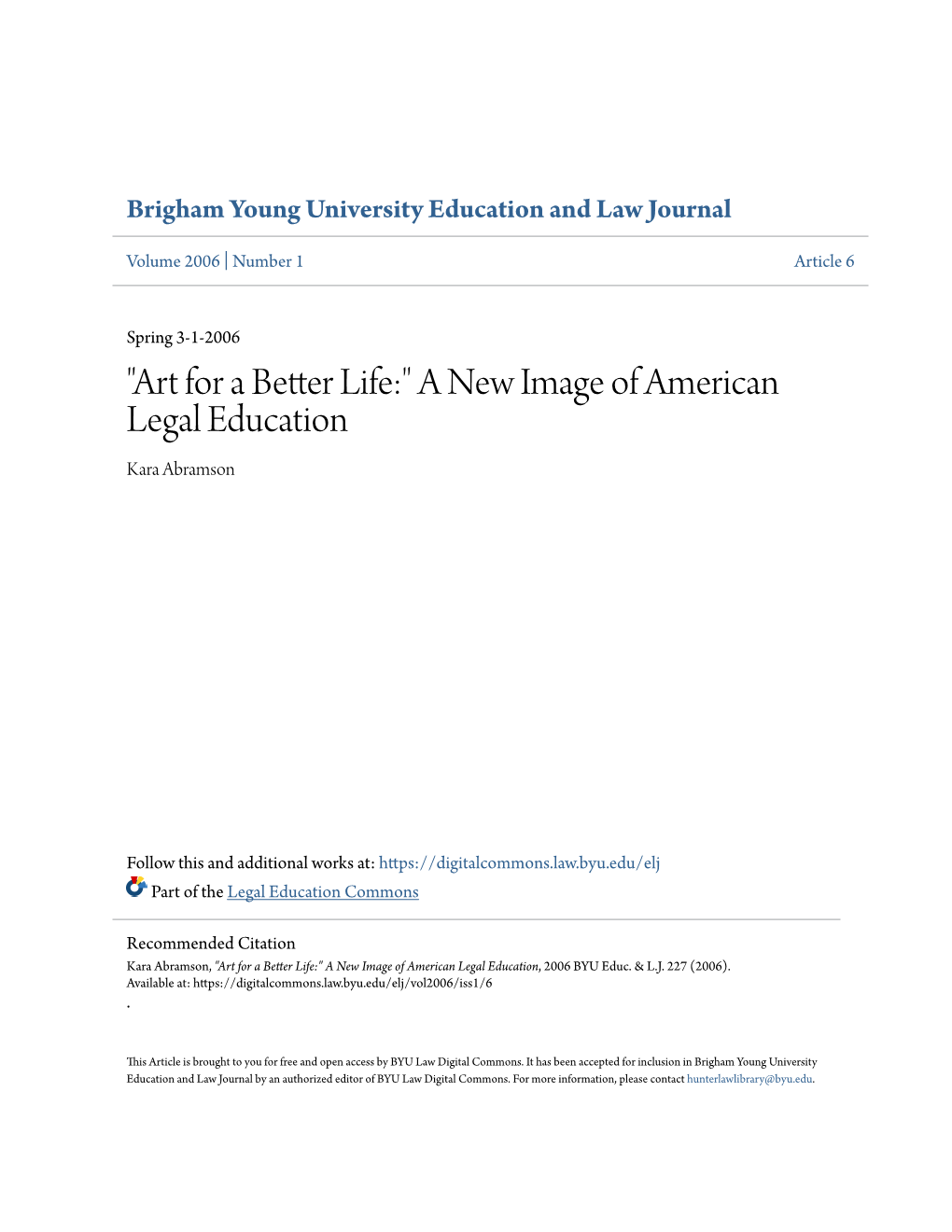 A New Image of American Legal Education Kara Abramson