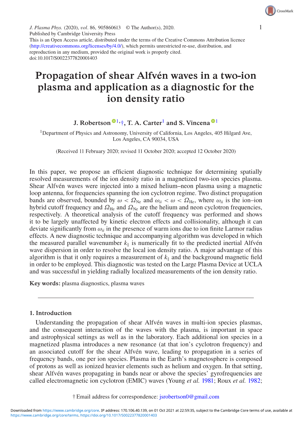 Propagation of Shear Alfvén Waves in a Two-Ion Plasma and Application As a Diagnostic for the Ion Density Ratio