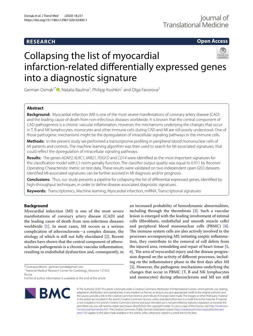 Collapsing the List of Myocardial Infarction-Related Differentially Expressed Genes Into a Diagnostic Signature
