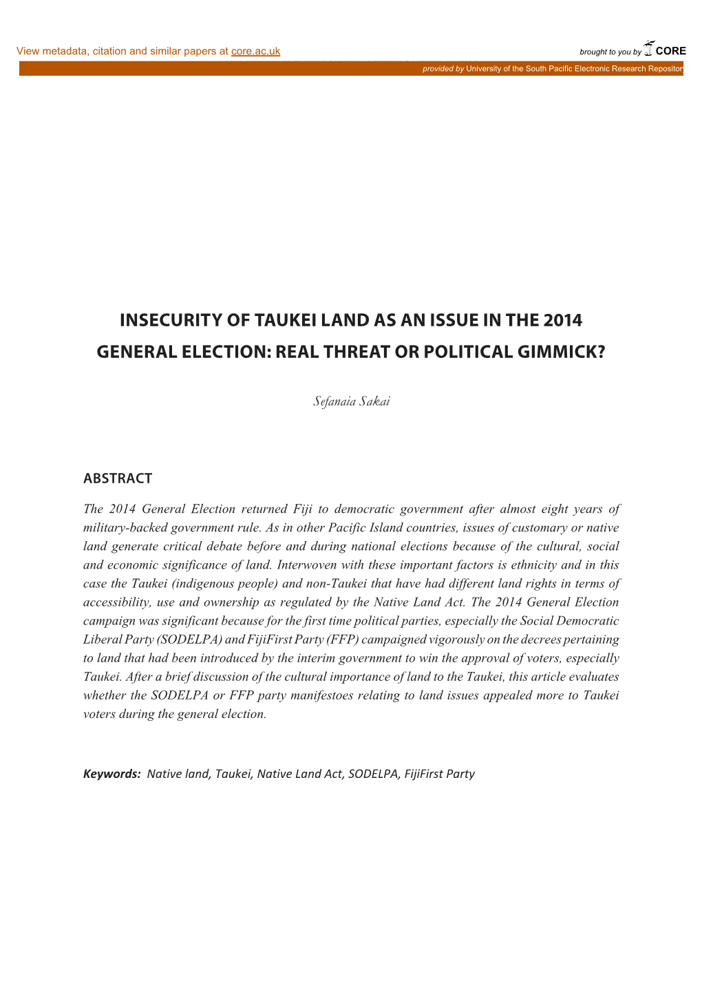 Insecurity of Taukei Land As an Issue in the 2014 General Election: Real Threat Or Political Gimmick?