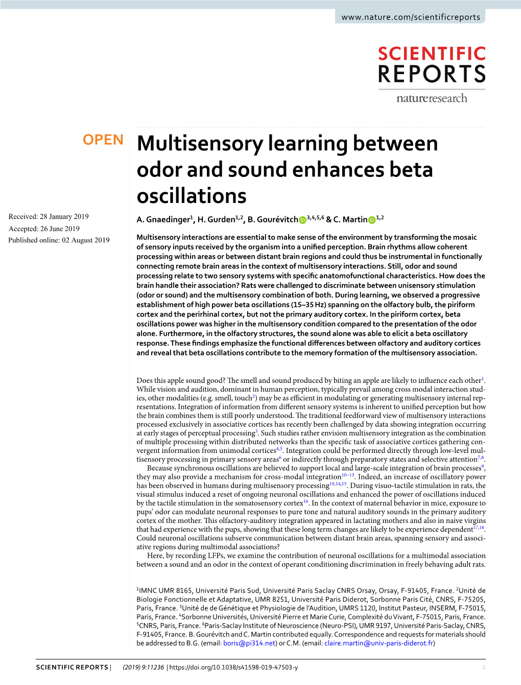 Multisensory Learning Between Odor and Sound Enhances Beta Oscillations Received: 28 January 2019 A