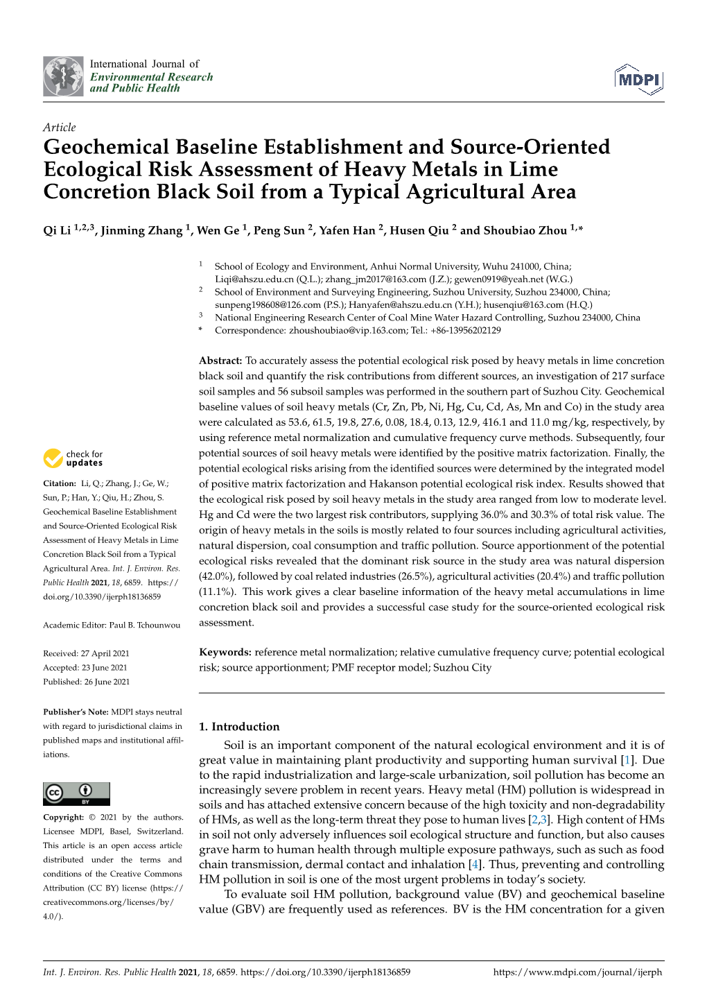 Geochemical Baseline Establishment and Source-Oriented Ecological Risk Assessment of Heavy Metals in Lime Concretion Black Soil from a Typical Agricultural Area