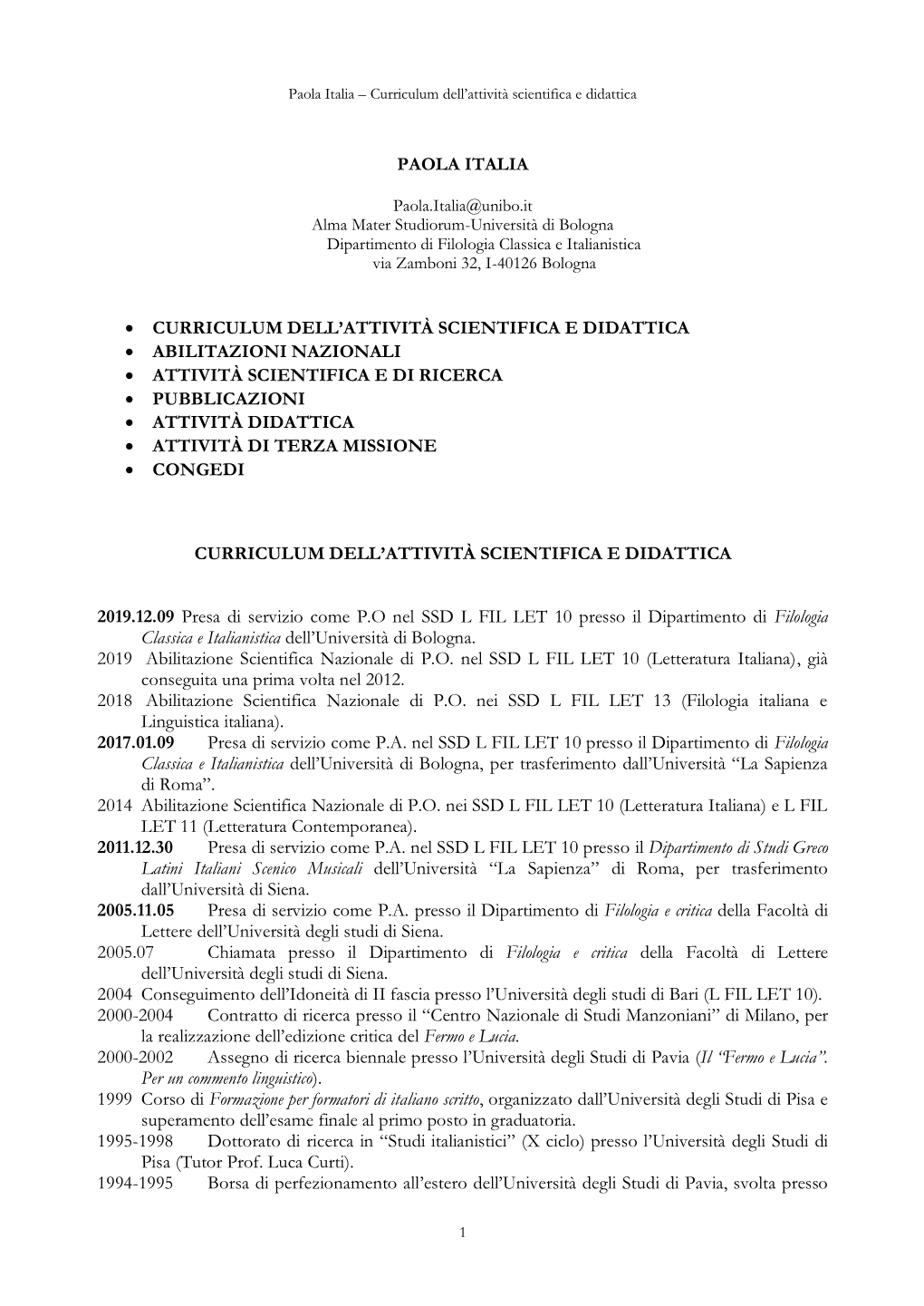Paola Italia – Curriculum Dell'attività Scientifica E Didattica 1