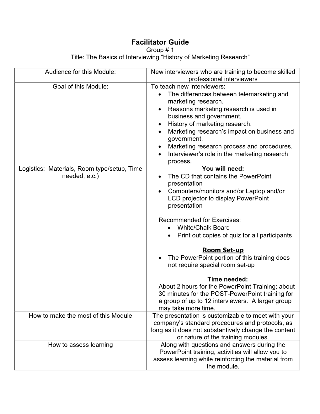 Facilitator Guide Group # 1 Title: the Basics of Interviewing “History of Marketing Research”