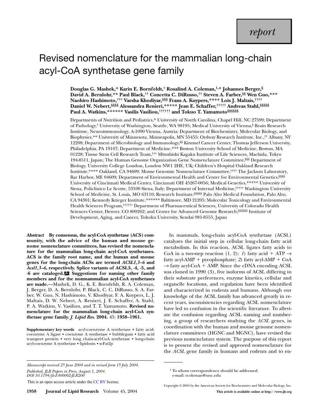 Revised Nomenclature for the Mammalian Long-Chain Acyl-Coa Synthetase Gene Family