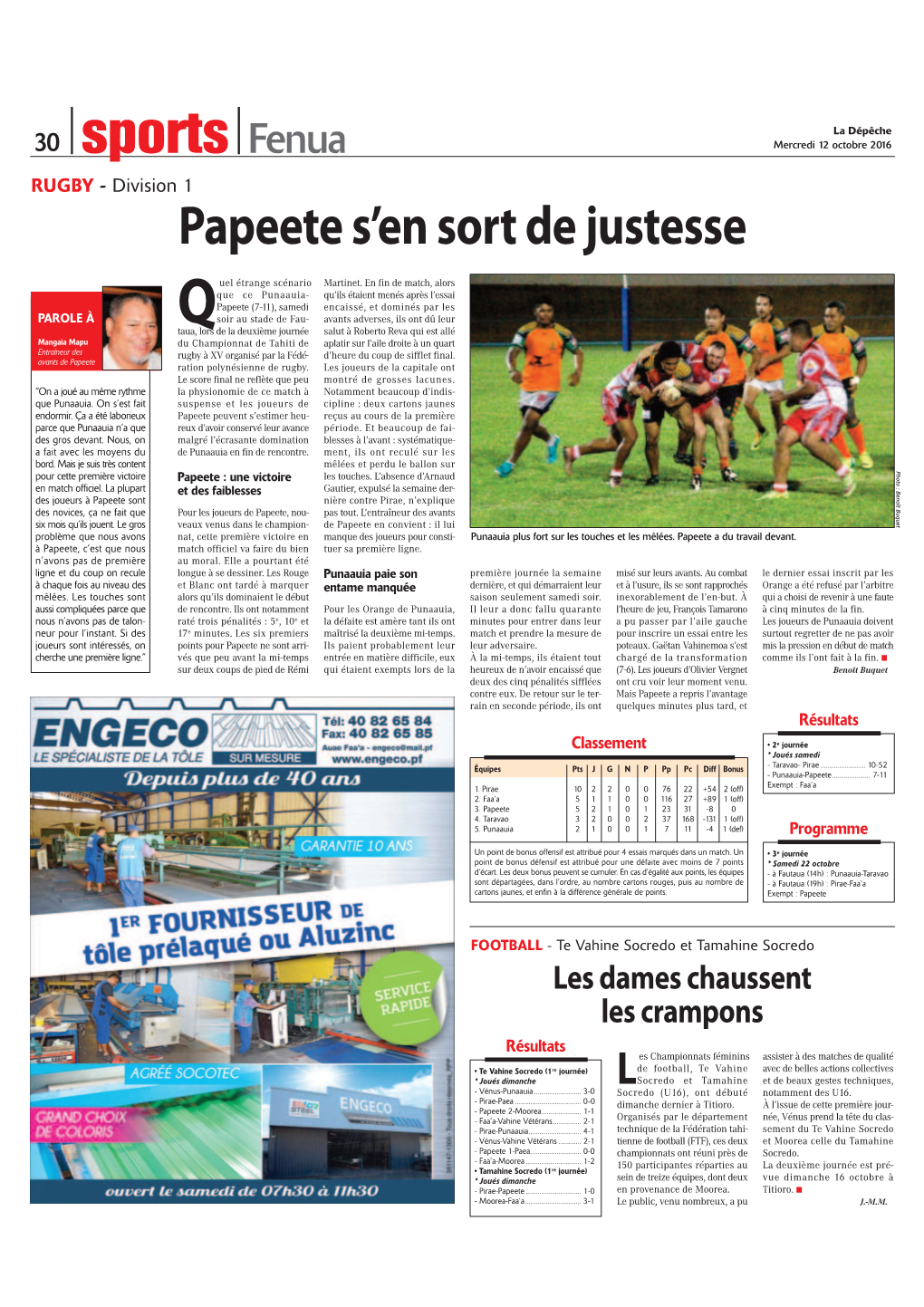 Fenua Mercredi 12 Octobre 2016 RUGBY - Division 1 Papeete S’En Sort De Justesse