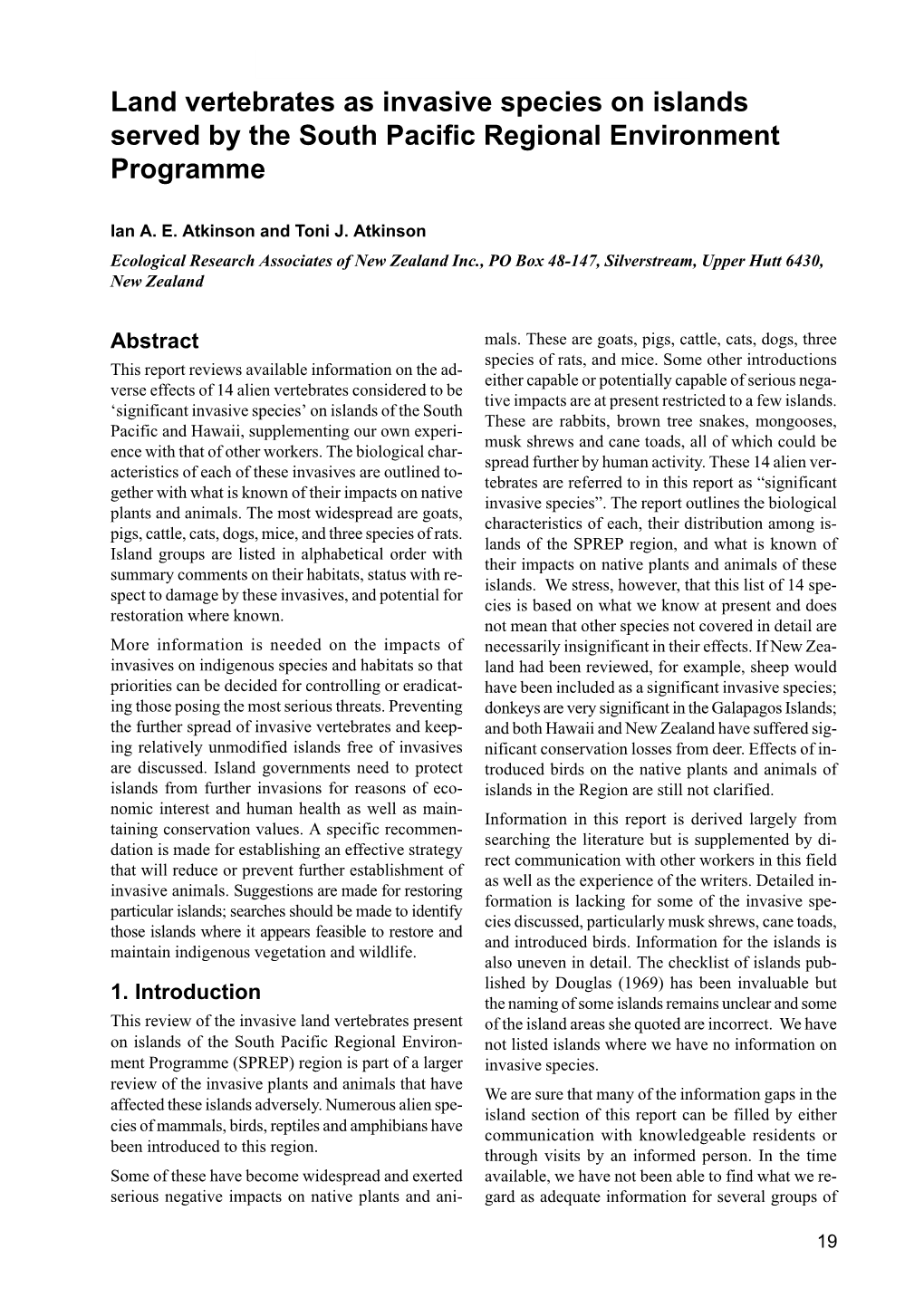 Land Vertebrates As Invasive Species on Islands Served by the South Pacific Regional Environment Programme