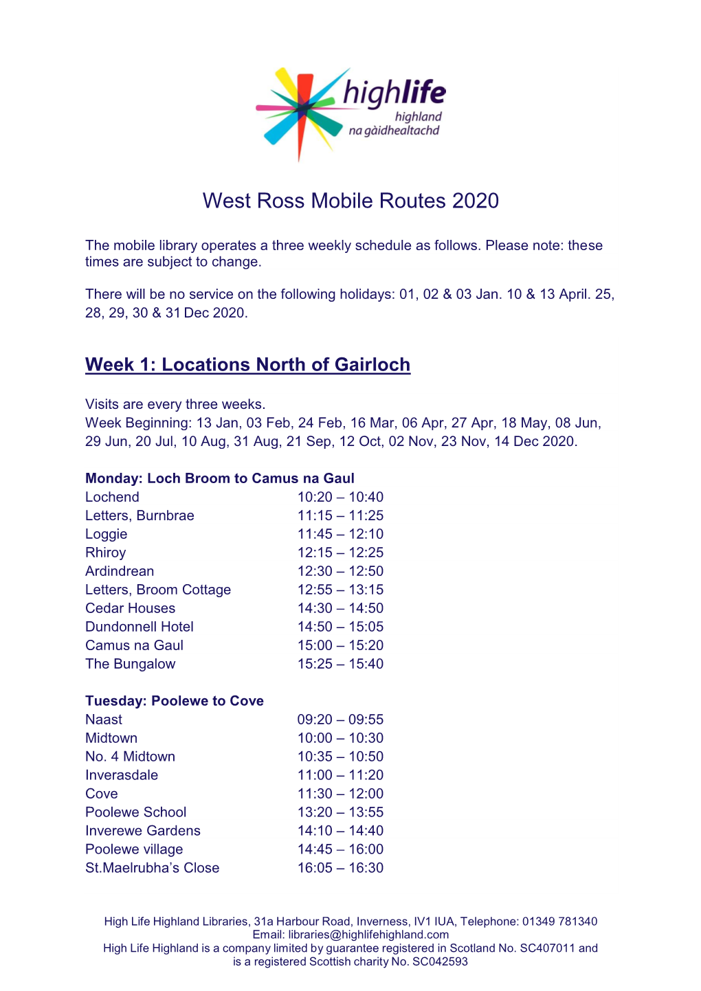 West Ross Mobile Routes 2020
