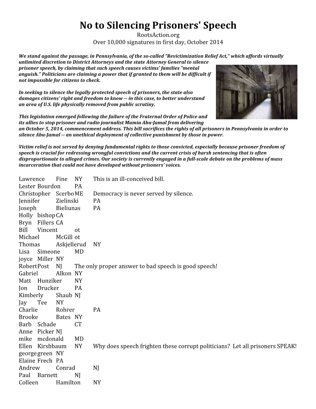 No to Silencing Prisoners' Speech Rootsaction.Org Over 10,000 Signatures in First Day, October 2014