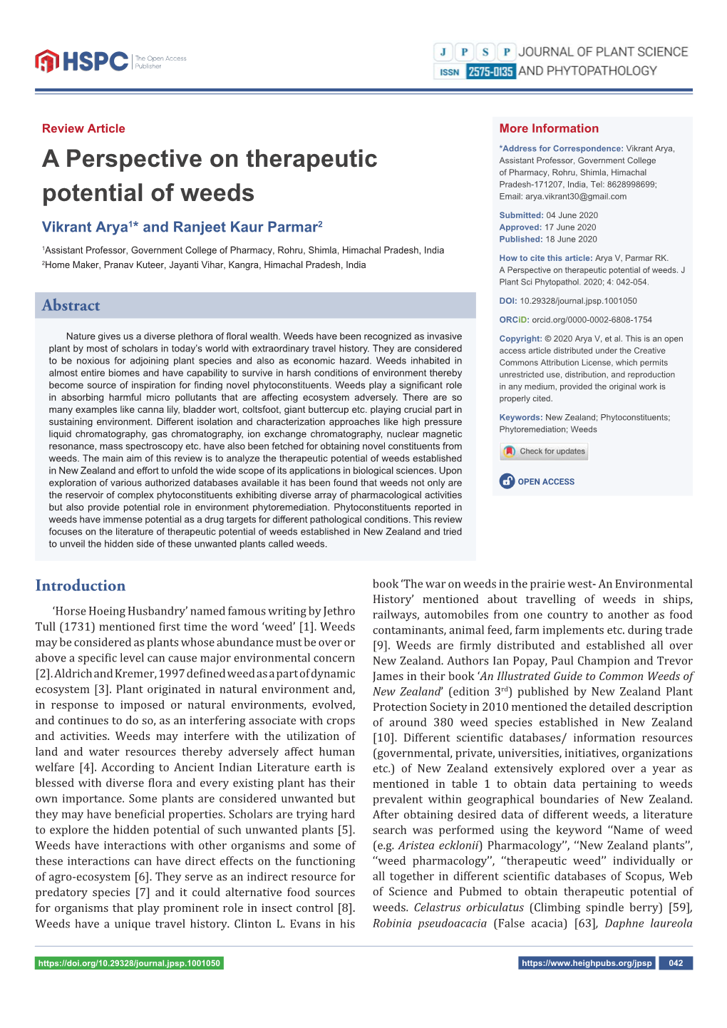 A Perspective on Therapeutic Potential of Weeds