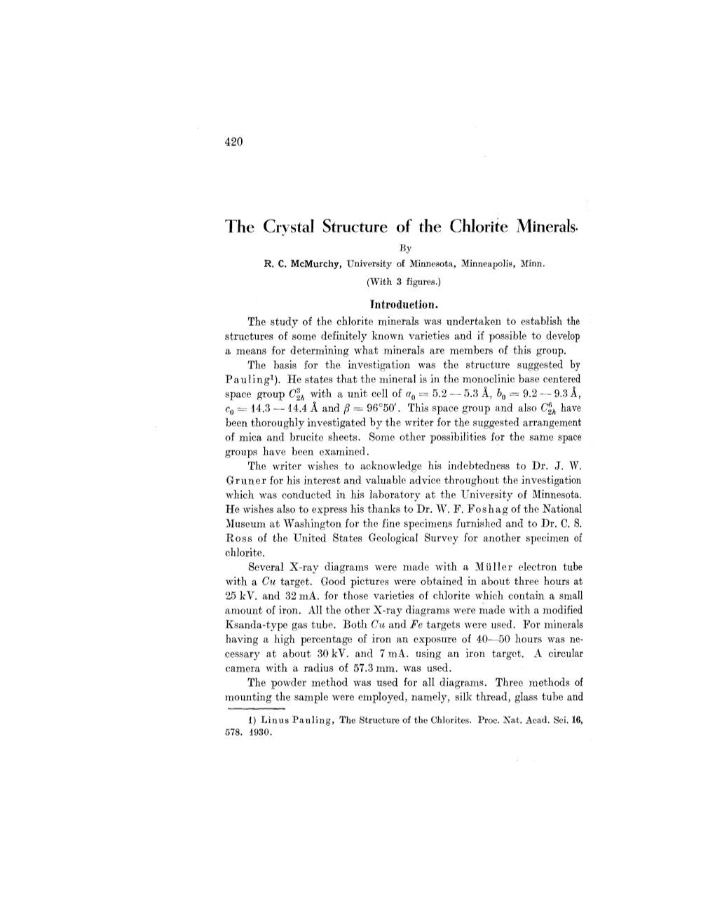 The Crystal Structure of the Chlorite Minerals. by R