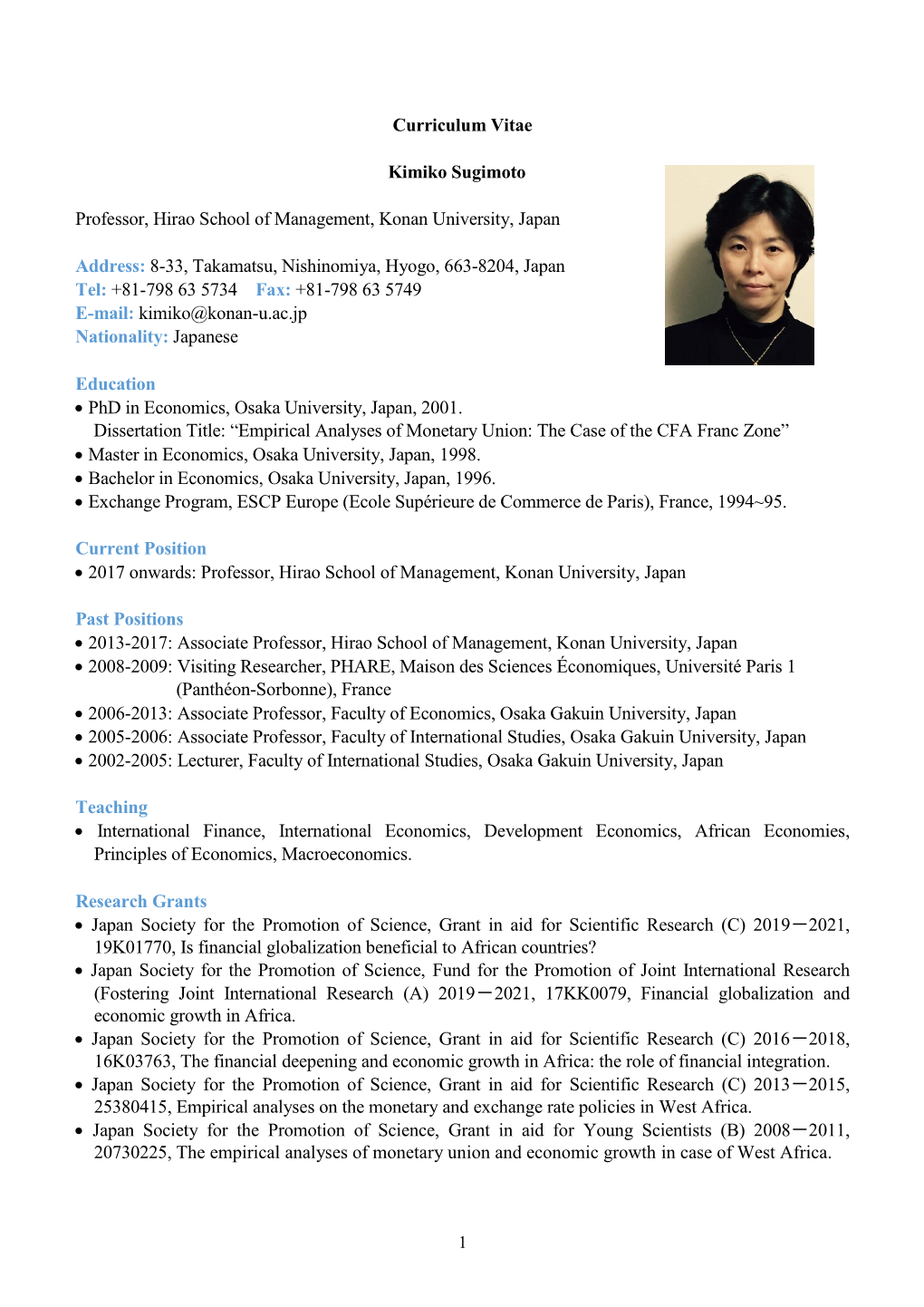 Curriculum Vitae Kimiko Sugimoto Professor, Hirao School Of