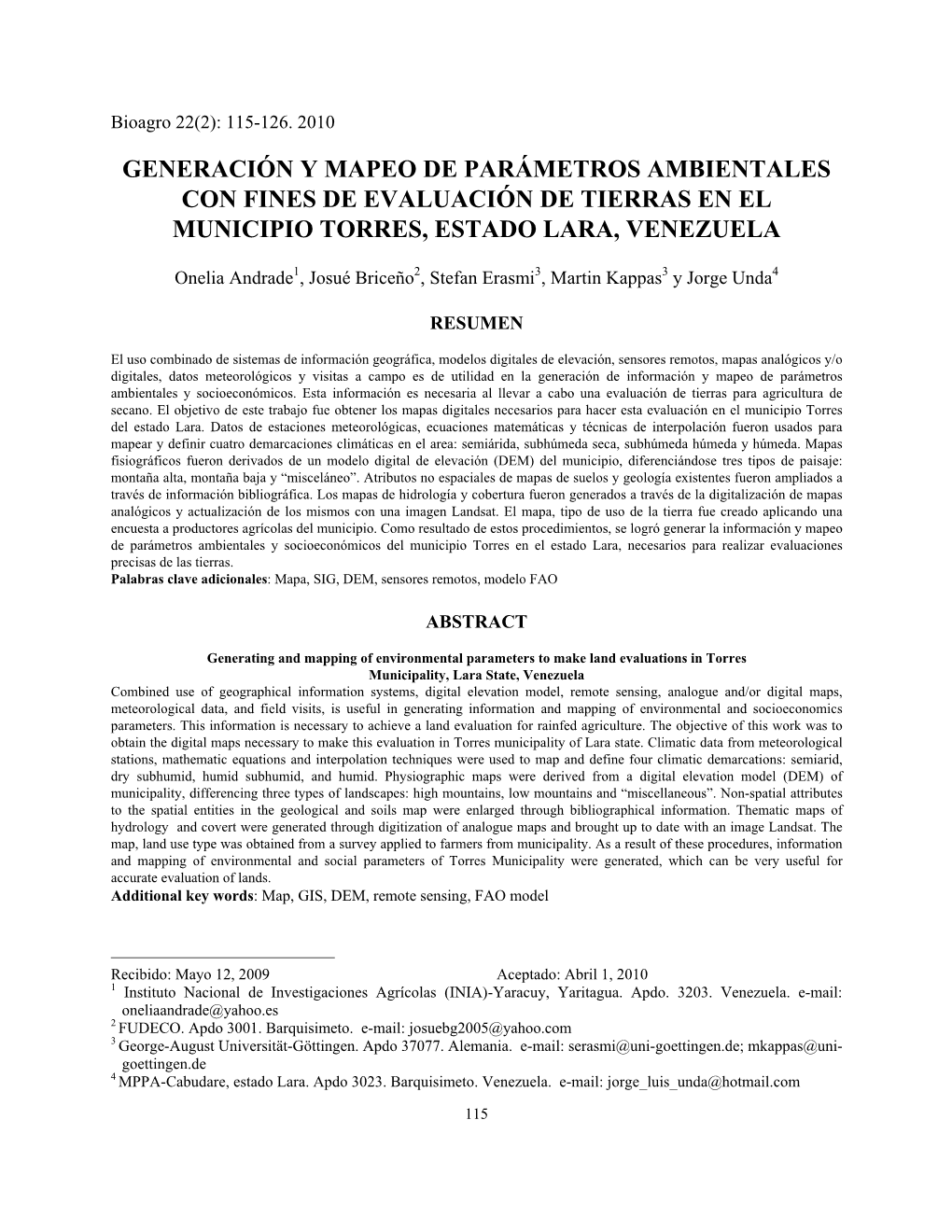 Generación Y Mapeo De Parámetros Ambientales Con Fines De Evaluación De Tierras En El Municipio Torres, Estado Lara, Venezuela