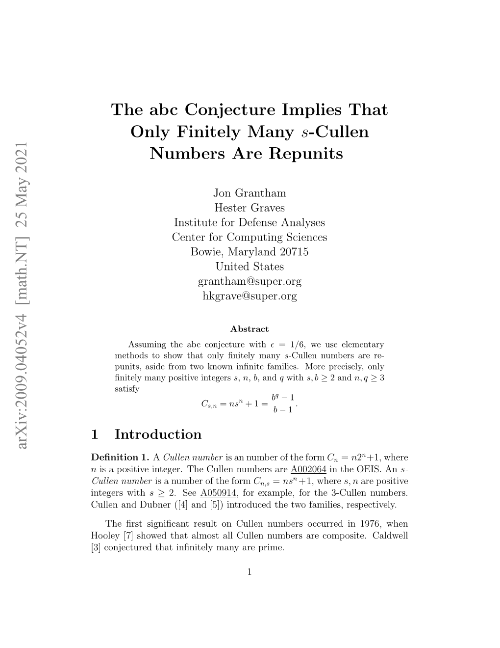 Arxiv:2009.04052V4 [Math.NT] 25 May 2021 the Abc Conjecture Implies