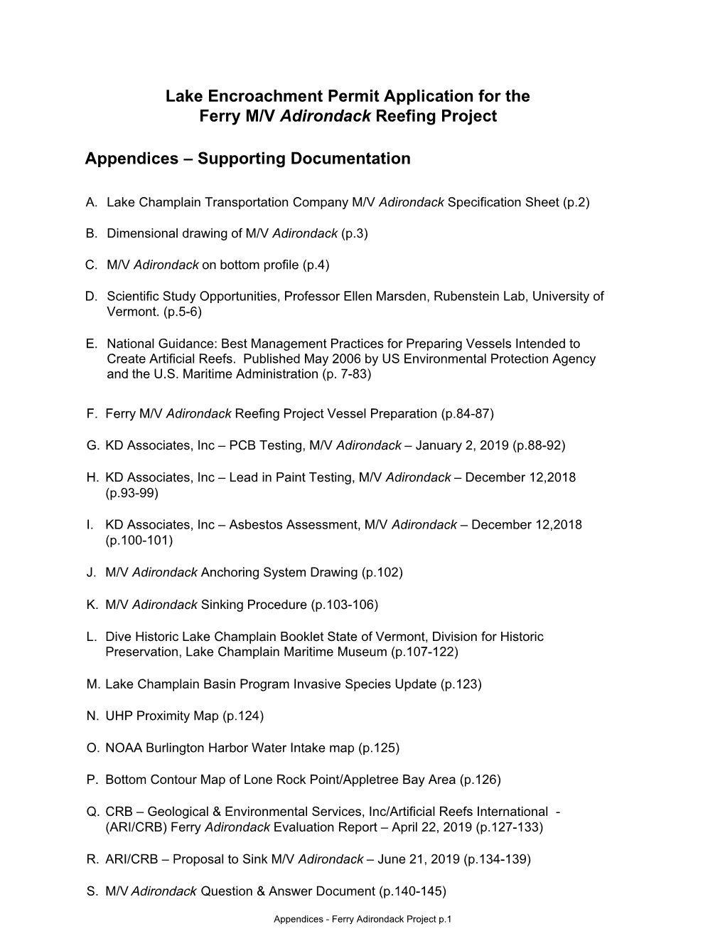 Permit Application for the Ferry M/V Adirondack Reefing Project