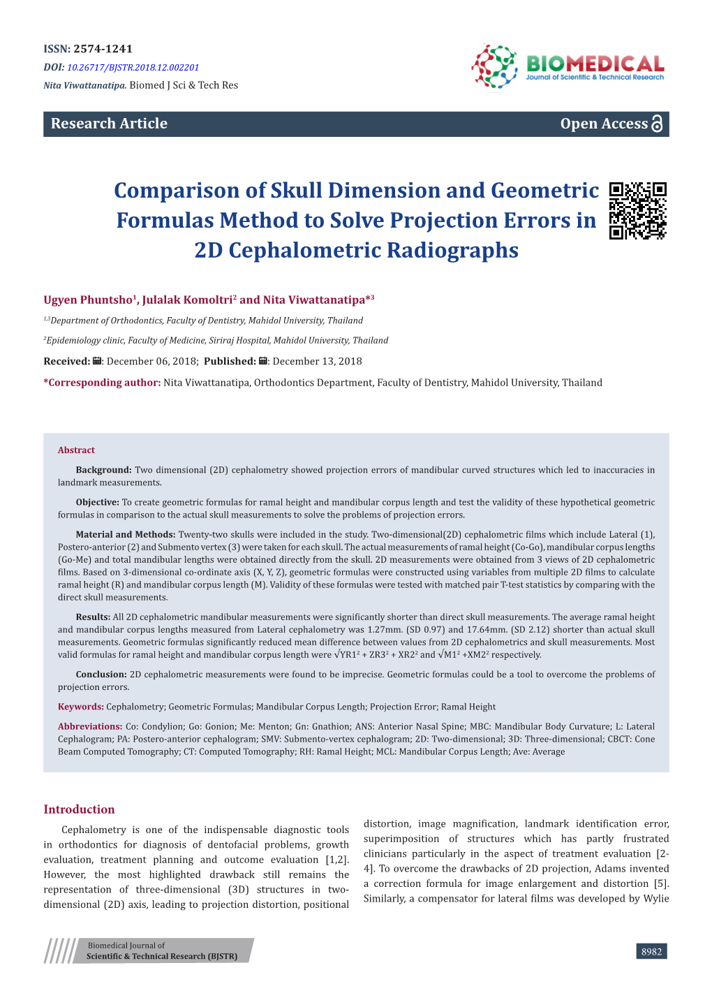 Comparison of Skull Dimension and Geometric Formulas Method to Solve Projection Errors in 2D Cephalometric Radiographs