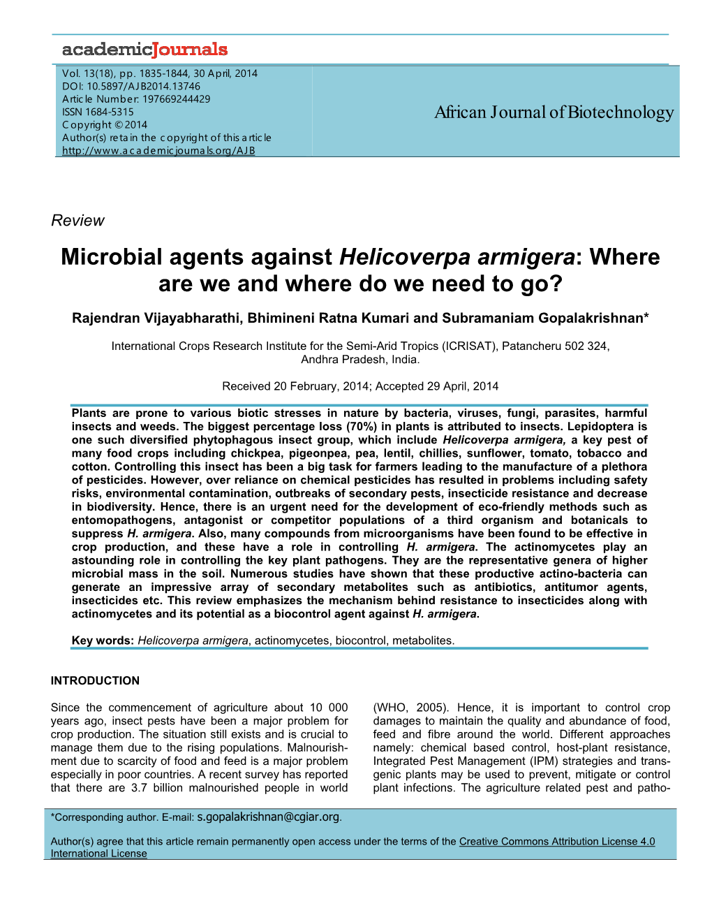 Microbial Agents Against Helicoverpa Armigera: Where Are We and Where Do We Need to Go?