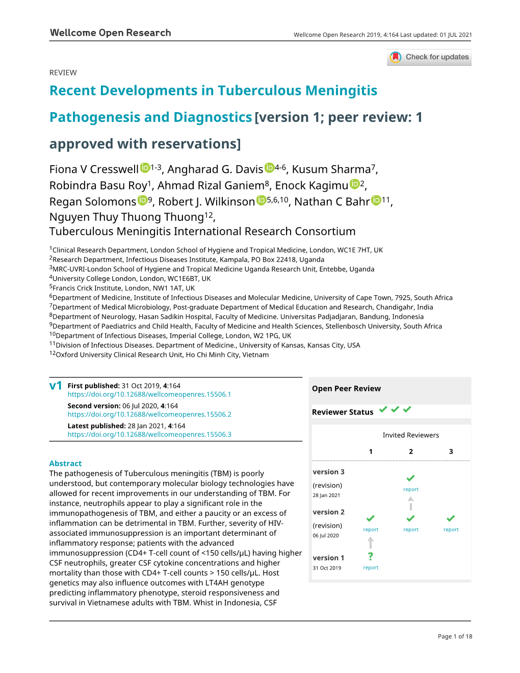 Recent Developments in Tuberculous Meningitis Pathogenesis And