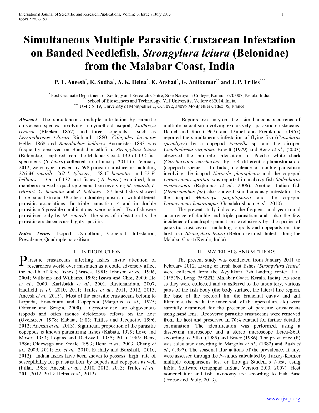 Simultaneous Multiple Parasitic Crustacean Infestation on Banded Needlefish, Strongylura Leiura (Belonidae) from the Malabar Coast, India