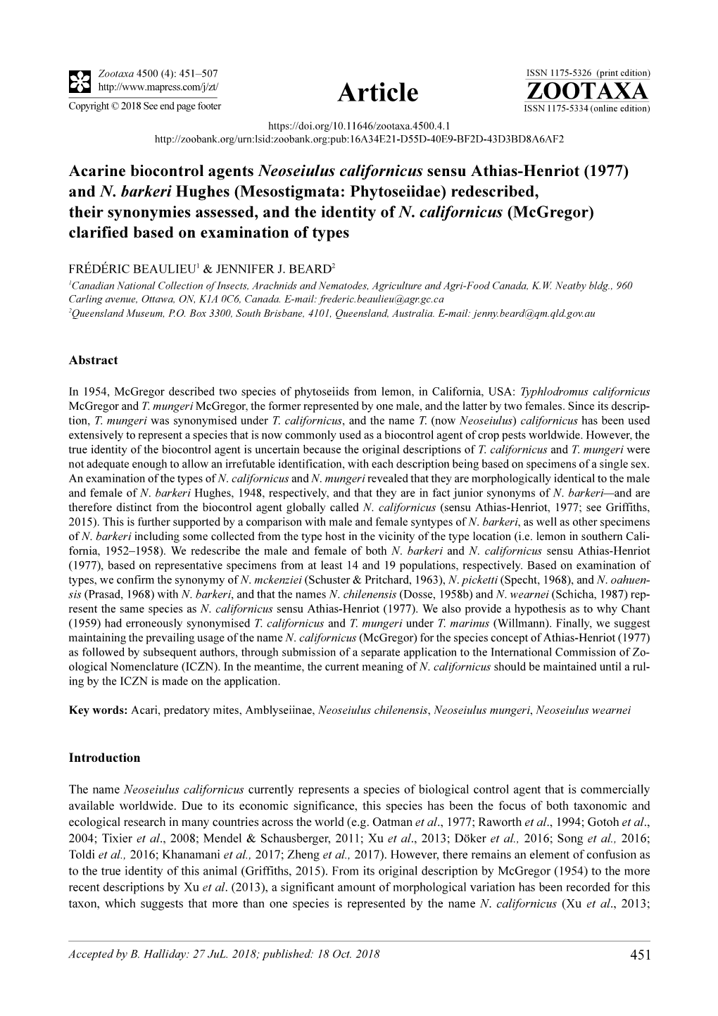 Acarine Biocontrol Agents Neoseiulus Californicus Sensu Athias-Henriot (1977) and N