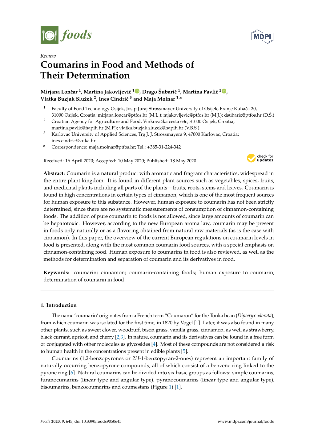 Coumarins in Food and Methods of Their Determination