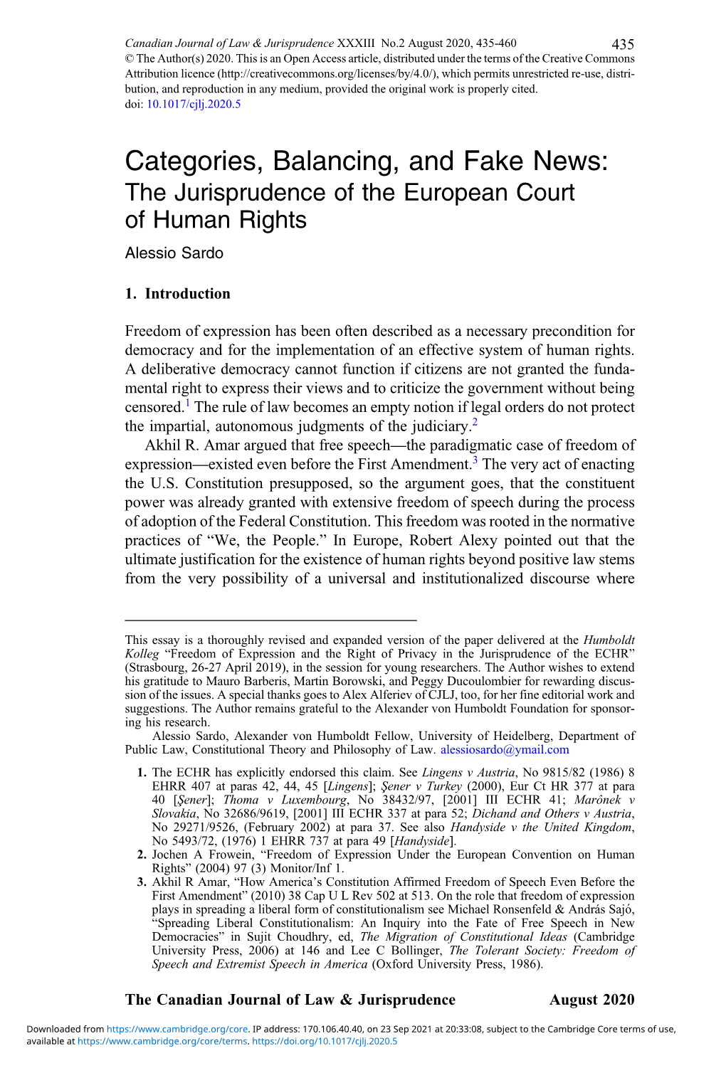 Categories, Balancing, and Fake News: the Jurisprudence of the European Court of Human Rights Alessio Sardo