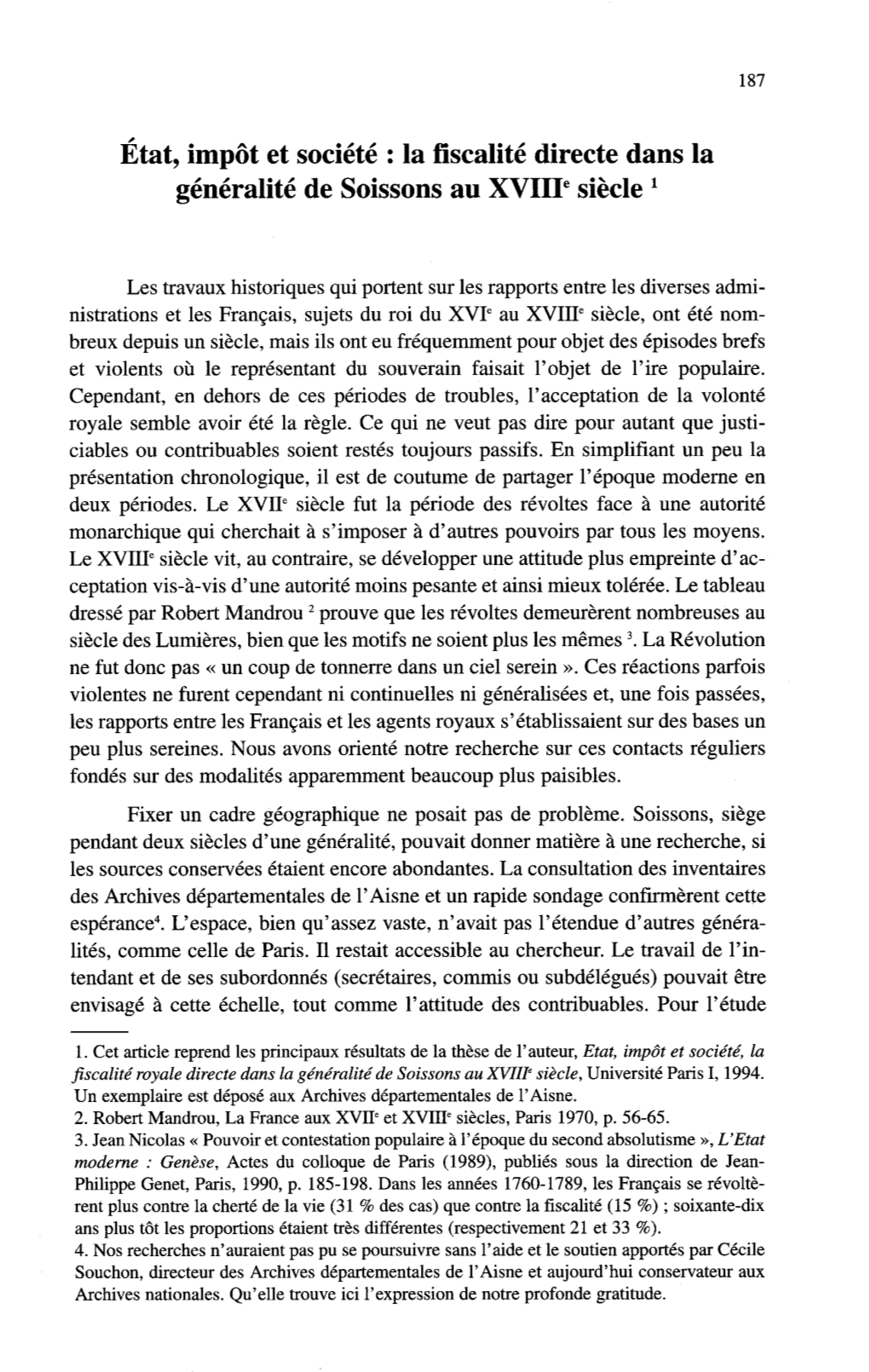 État, Impôt Et Société : La Fiscalité Directe Dans La Généralité De Soissons Au XVIII’ Siècle