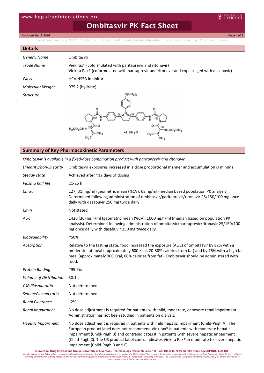 Ombitasvir PK Fact Sheet Produced March 2016 Page 1 of 2 for Personal Use Only