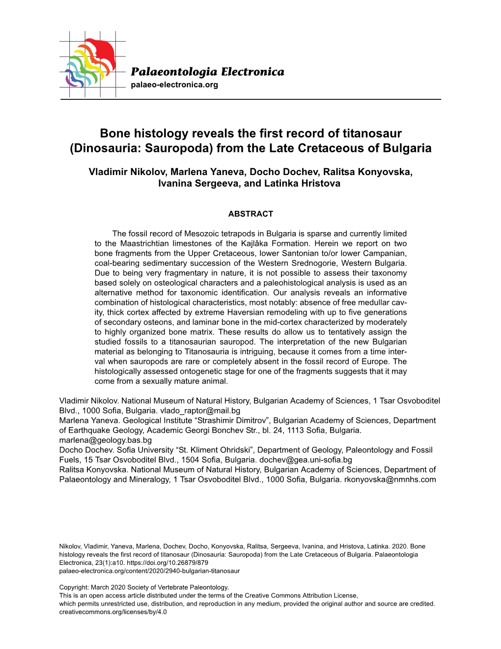 Bone Histology Reveals the First Record of Titanosaur (Dinosauria: Sauropoda) from the Late Cretaceous of Bulgaria