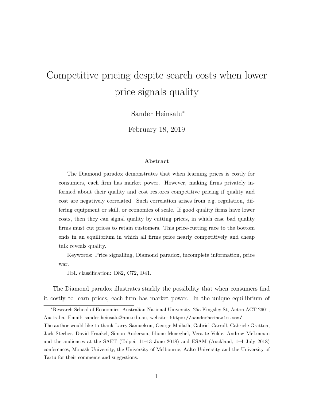 Competitive Pricing Despite Search Costs When Lower Price Signals Quality