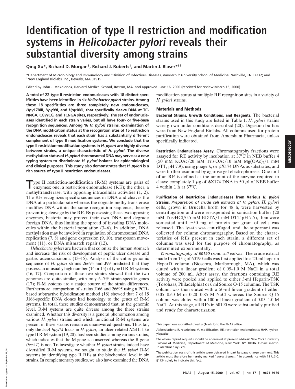 Identification of Type II Restriction and Modification Systems in Helicobacter Pylori Reveals Their Substantial Diversity Among Strains