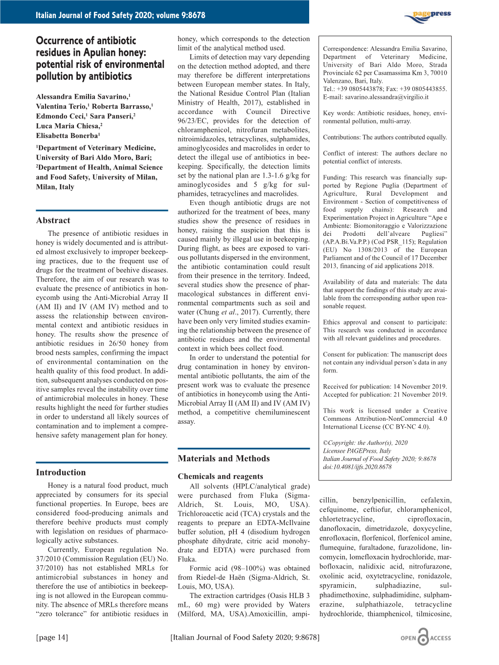 Occurrence of Antibiotic Residues in Apulian Honey