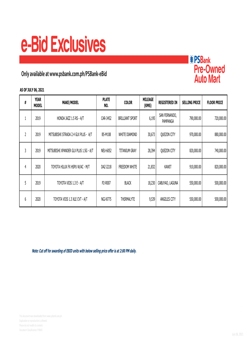 VEHICLES for SALE AS of July 06, 2021