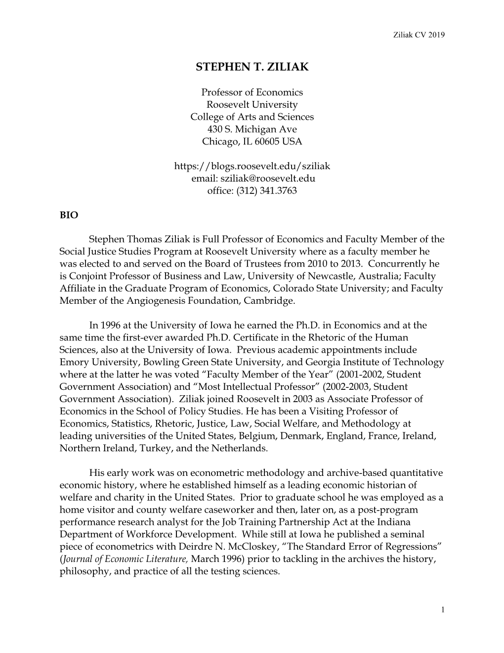 CV of Stephen T. Ziliak