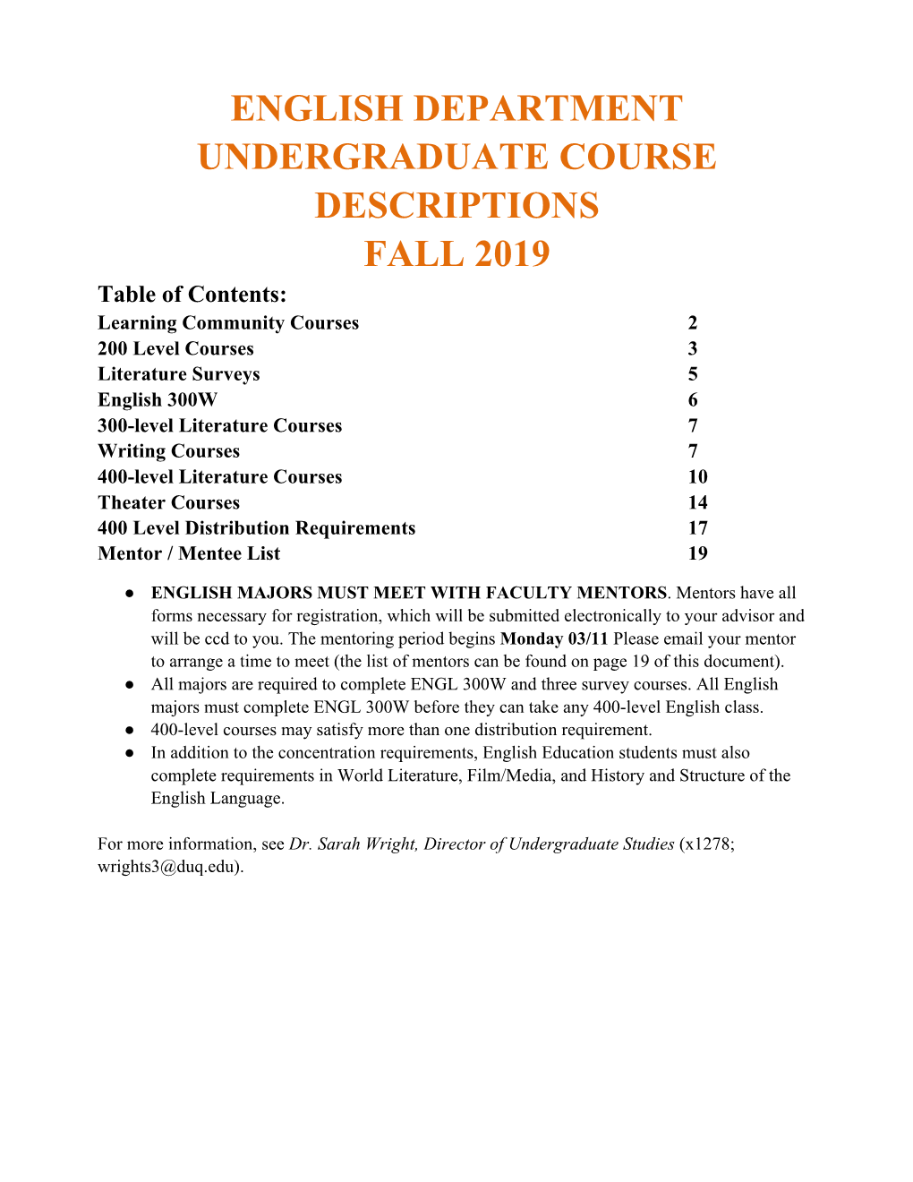 English Department Undergraduate Course