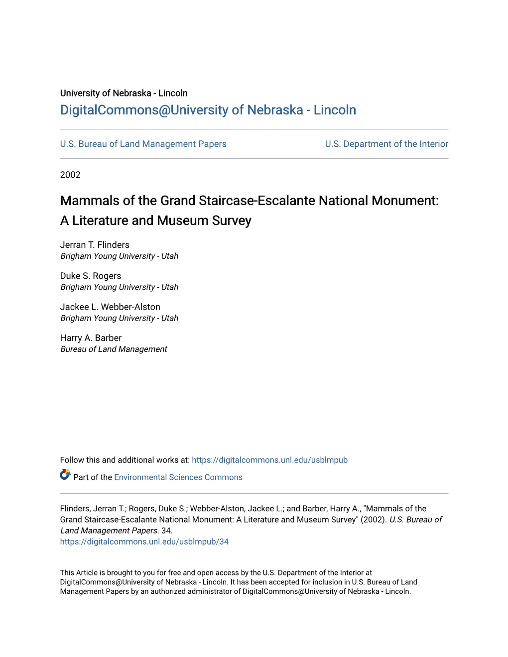 Mammals of the Grand Staircase-Escalante National Monument: a Literature and Museum Survey