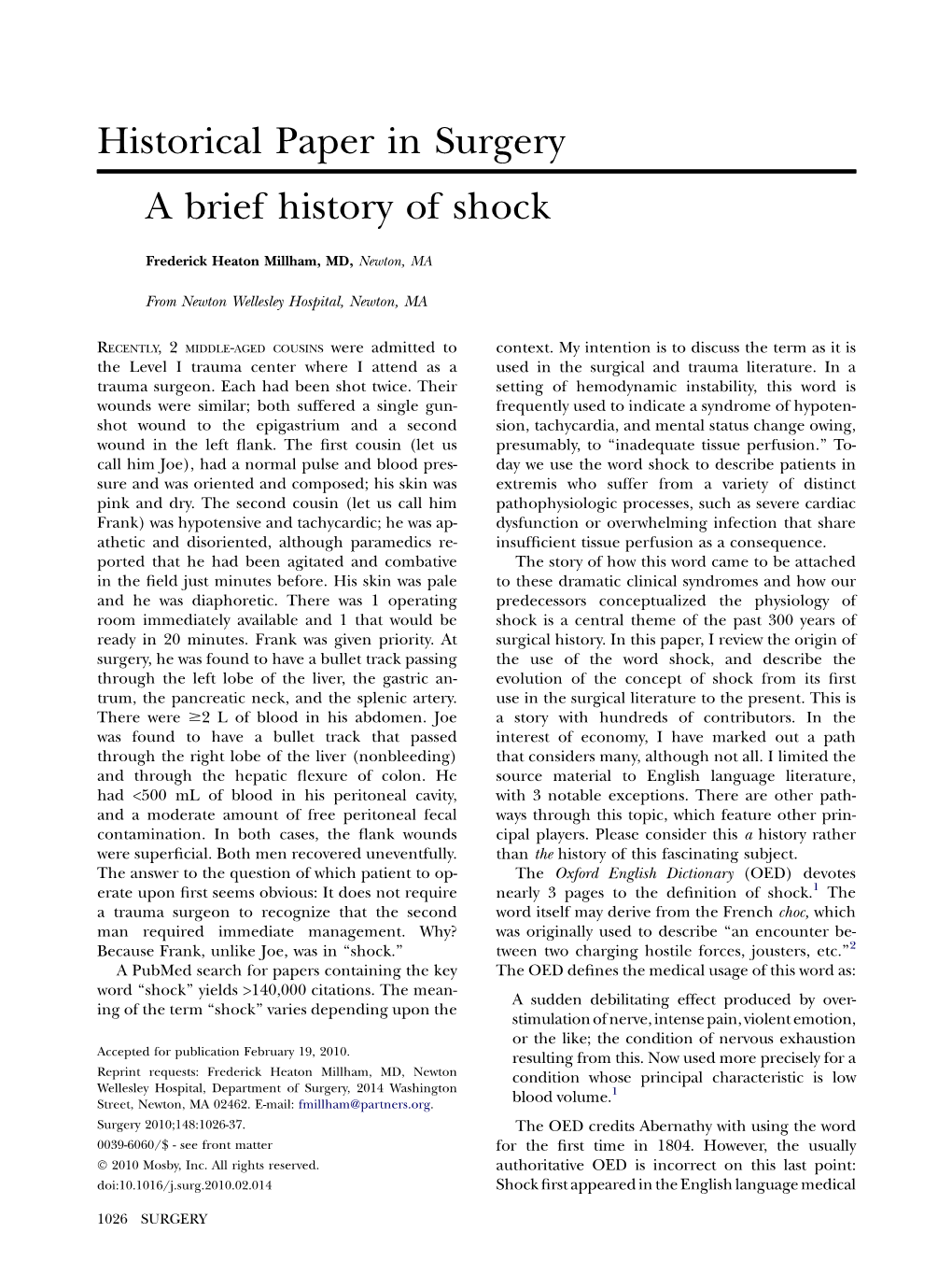 Historical Paper in Surgery a Brief History of Shock