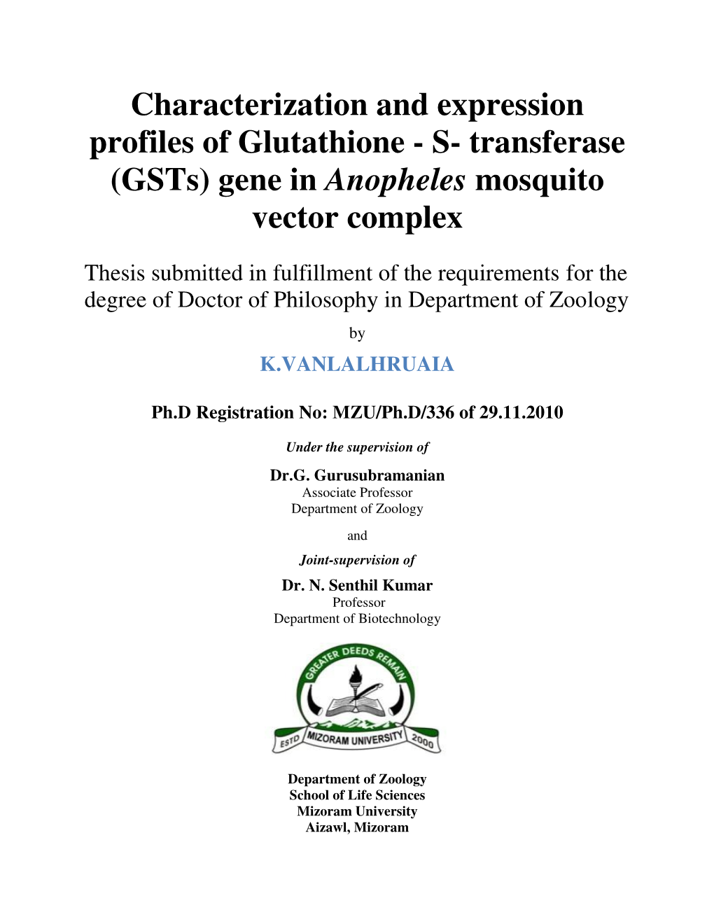 Characterization and Expression Profiles of Glutathione - S- Transferase (Gsts) Gene in Anopheles Mosquito Vector Complex