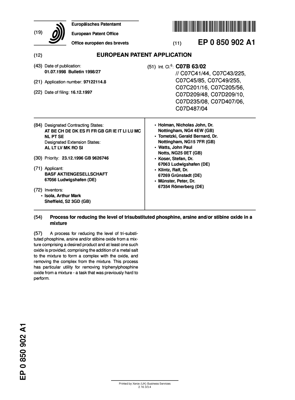 Process for Reducing the Level of Trisubstituted Phosphine, Arsine And/Or Stibine Oxide in a Mixture