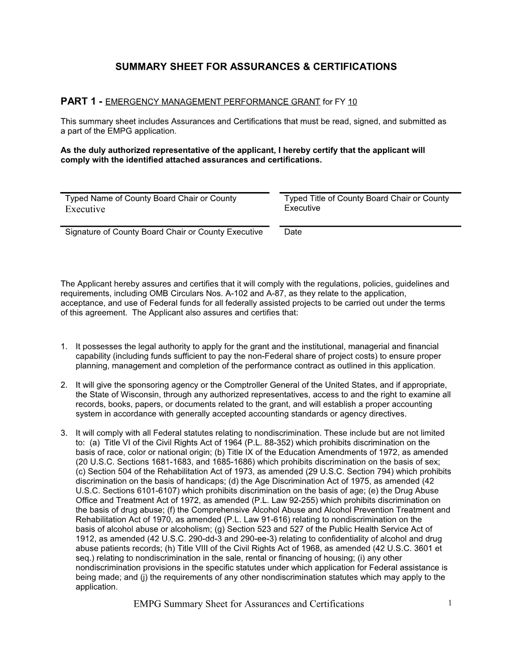 Summary Sheet for Assurances & Certifications