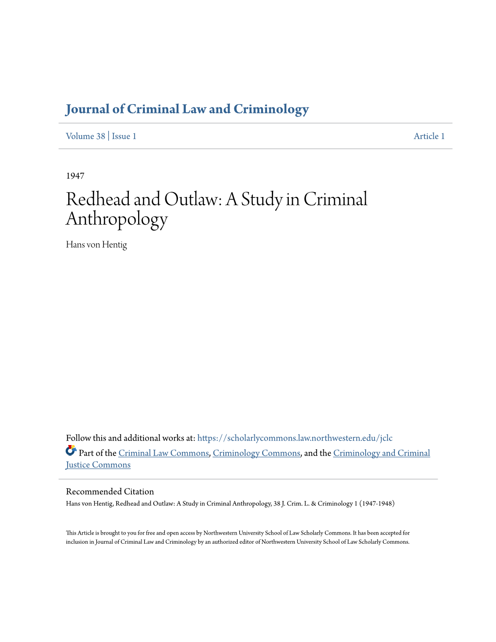 Redhead and Outlaw: a Study in Criminal Anthropology Hans Von Hentig