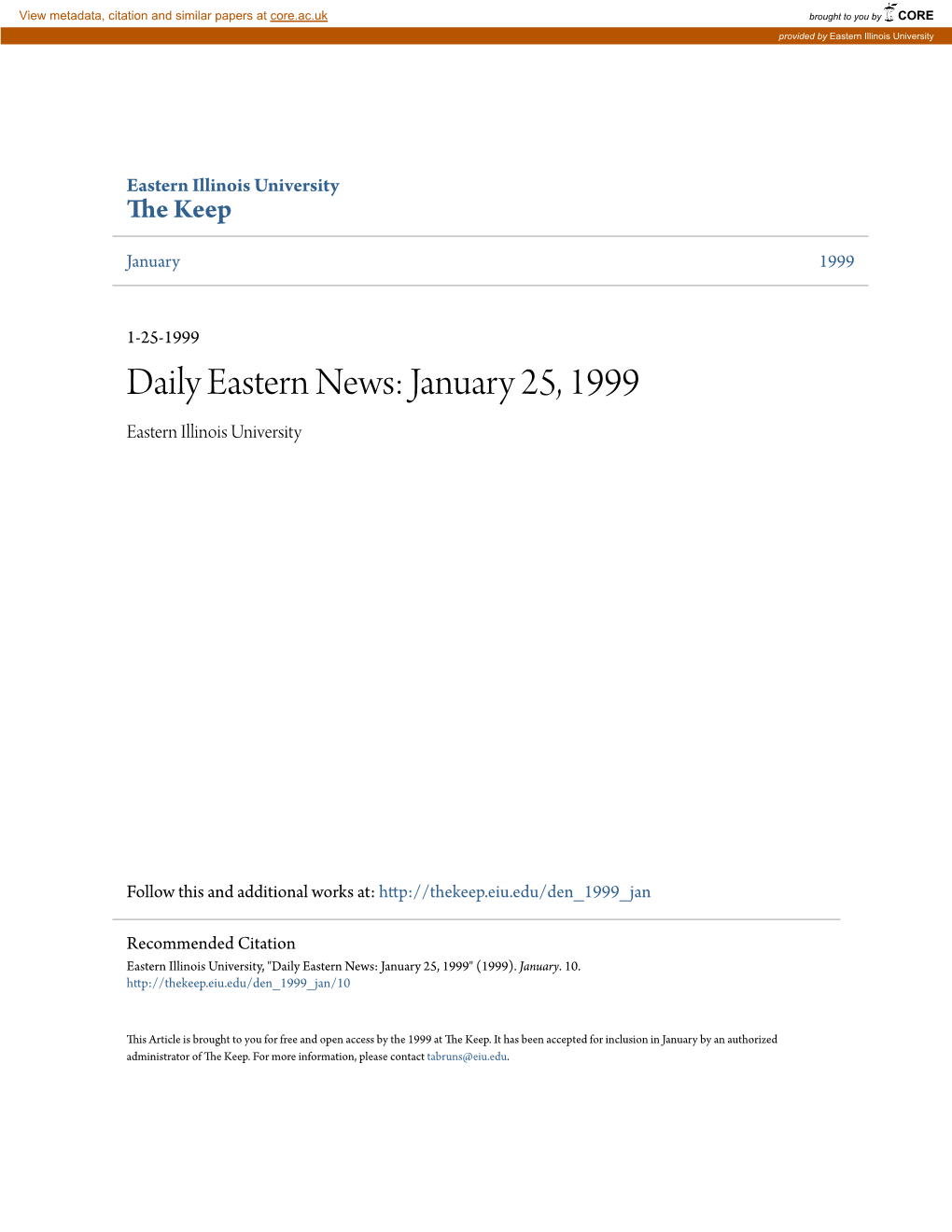 Daily Eastern News: January 25, 1999 Eastern Illinois University