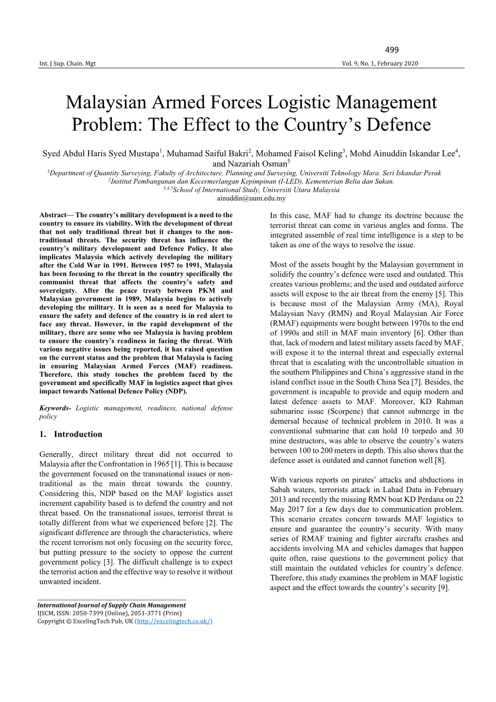 Malaysian Armed Forces Logistic Management Problem: the Effect to the Country’S Defence