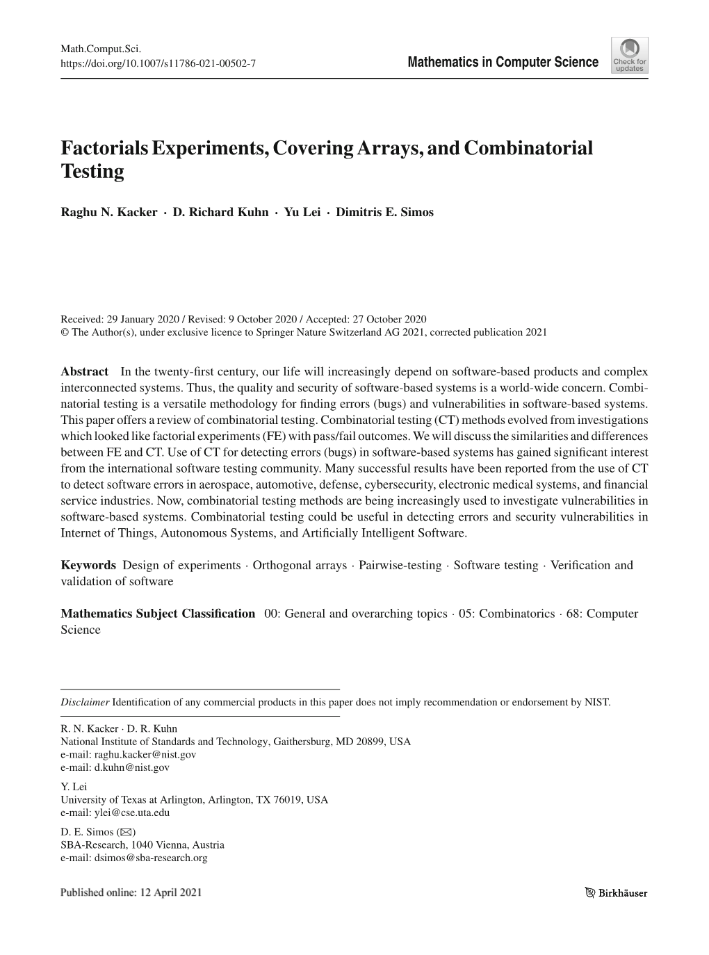 Factorials Experiments, Covering Arrays, and Combinatorial Testing