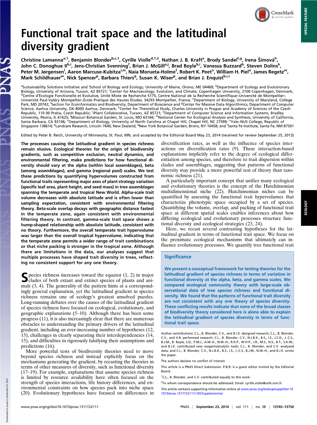 Functional Trait Space and the Latitudinal Diversity Gradient