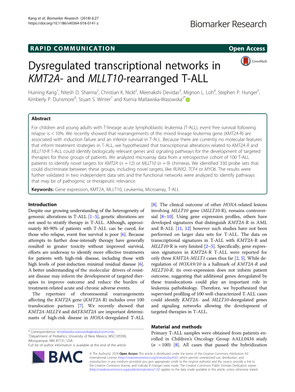 Dysregulated Transcriptional Networks in KMT2A- and MLLT10-Rearranged T-ALL Huining Kang1, Nitesh D