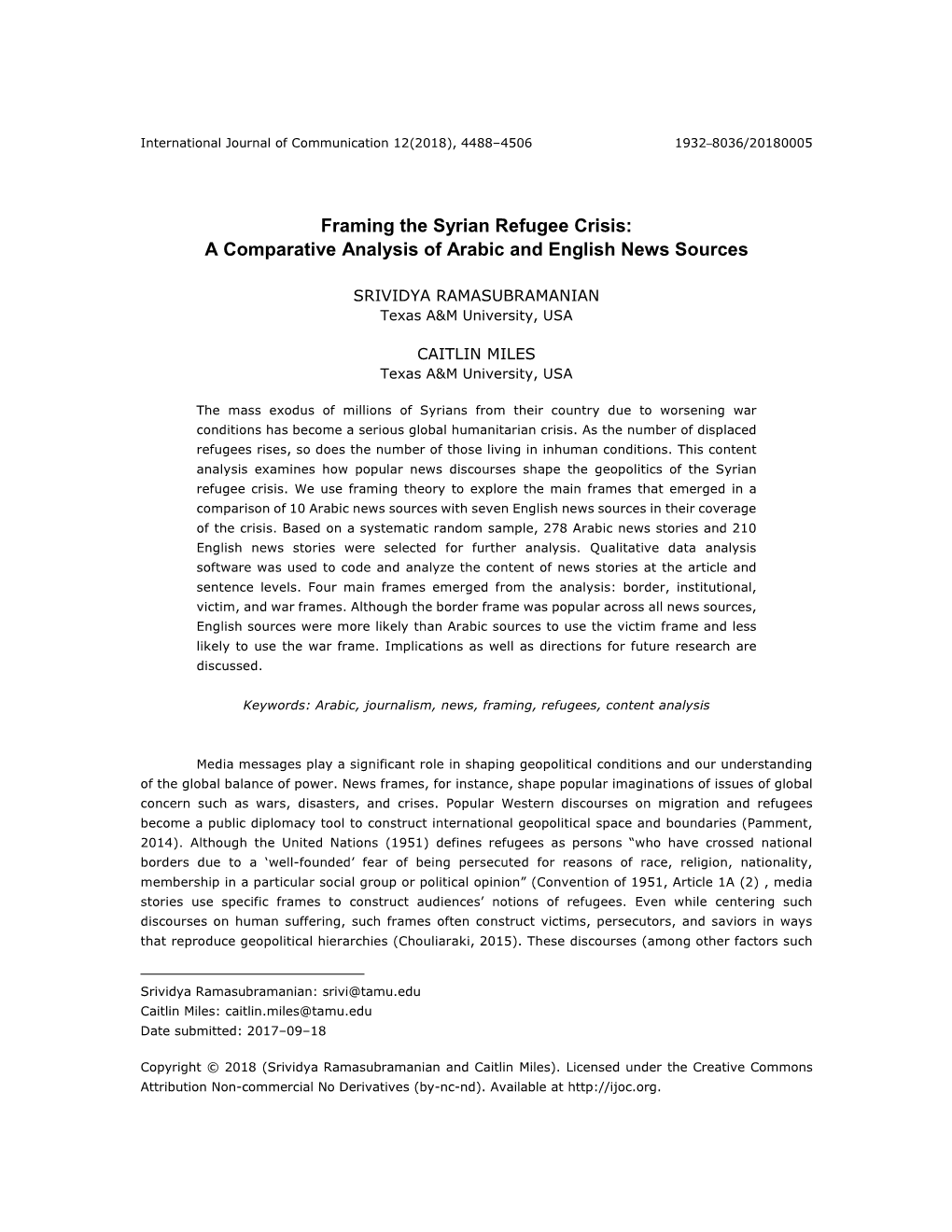 Framing the Syrian Refugee Crisis: a Comparative Analysis of Arabic and English News Sources