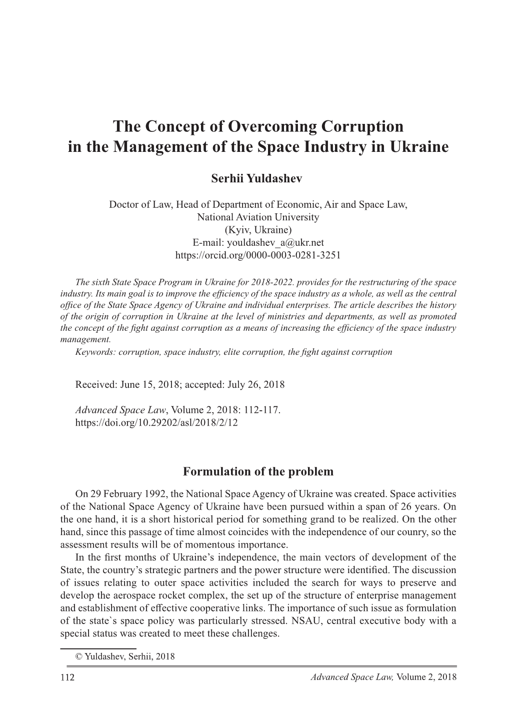 The Concept of Overcoming Corruption in the Management of the Space Industry in Ukraine