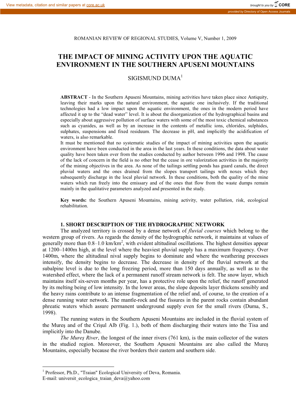 The Impact of Mining Activity Upon the Aquatic Environment in the Southern Apuseni Mountains