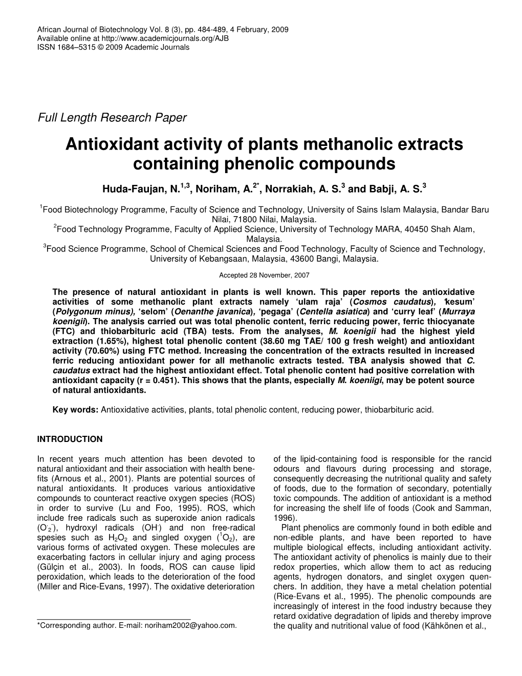 Antioxidant Activity of Plants Methanolic Extracts Containing Phenolic Compounds